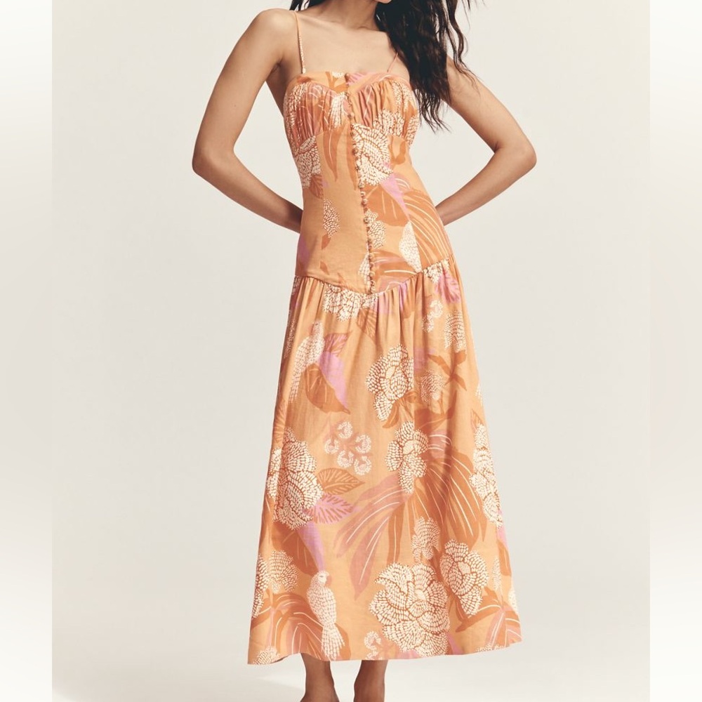 New FARM Rio x Anthropologie Linen Blend Drop Waist Orange Midi Dress